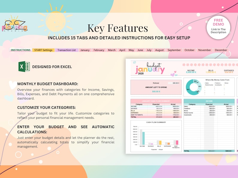 May include: A digital budget planner template for Excel featuring a pastel-coloured interface with 15 tabs, including instructions, settings, and monthly sheets. The dashboard displays financial summaries, charts, and tables for income, bills, and expenses.