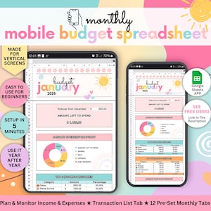 May include: A mobile budget spreadsheet displayed on a tablet and smartphone. The spreadsheet is pink and white, with a January 2025 budget visible. Text includes "Easy to use for beginners" and "Setup in 5 minutes".