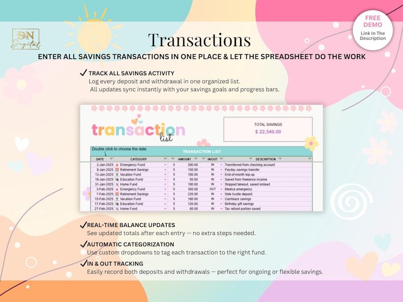May include: A pink and white illustrated graphic with the text "Transactions" and "Enter all savings transactions in one place & let the spreadsheet do the work". The graphic also includes a checklist with the text "Track all savings activity", "Real-time balance updates", "Automatic categorization", and "In & out tracking". The graphic also includes a screenshot of a spreadsheet with the text "Transaction List", "Date", "Category", "Amount", "In/Out", and "Description". The spreadsheet shows a list of savings transactions with a total savings amount of $22,540.00.