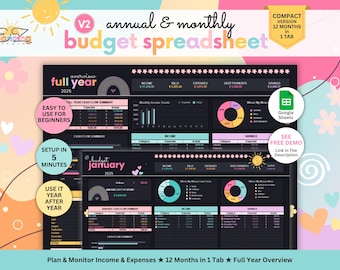 Compact Budget Spreadsheet • Annual & Monthly Planner • Google Sheets Template • Income and Expense Tracker • Financial Budget Organizer