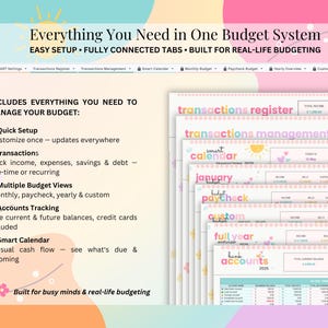 May include: A digital budget system template featuring a pastel-coloured interface with tabs for transactions, smart calendar, and budget views. The text reads Everything You Need in One Budget System, Easy Setup, Fully Connected Tabs, and Built for Real-Life Budgeting.