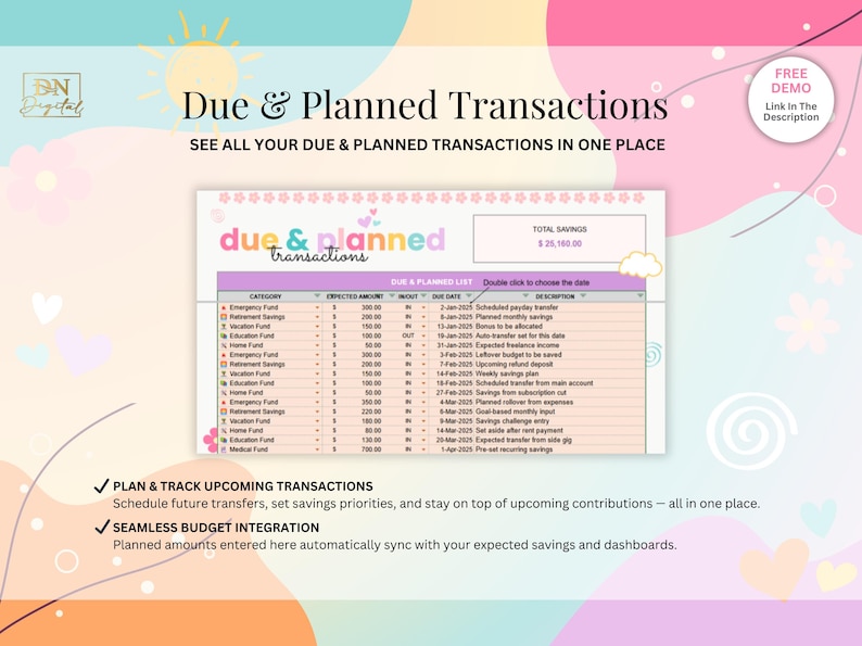 May include: A pink and white digital planner with the title "Due & Planned Transactions" and the text "See all your due & planned transactions in one place". The planner includes a spreadsheet with categories, expected amounts, due dates, and descriptions of planned transactions. The planner also includes the text "Plan & Track Upcoming Transactions" and "Seamless Budget Integration".