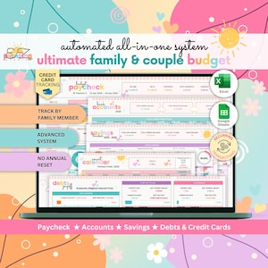 May include: A digital budget planner displayed on a laptop screen, featuring sections for paycheck, bank accounts, savings, and debt payoff. The interface includes text labels like 'automated all-in-one system', 'ultimate family & couple budget', and 'credit card tracking'.