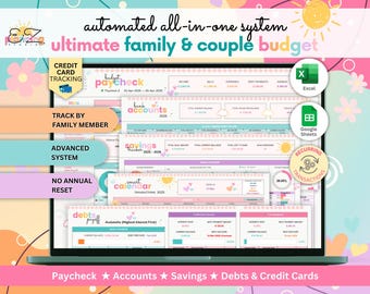 May include: A digital budget planner displayed on a laptop screen, featuring sections for paycheck, bank accounts, savings, and debt payoff. The interface includes text labels like credit card tracking, track by family member, and smart calendar.