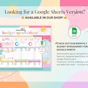 May include: A digital monthly budget spreadsheet template for Google Sheets featuring a colourful, pastel-themed layout with pink, blue, and yellow accents. The interface includes charts, tables for tracking income and expenses, and text labels.