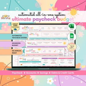 May include: A laptop screen displays a digital budgeting system with the text "ultimate paycheck budget." The interface includes sections for credit card tracking, automated paycheck, advanced budget, and recurring transactions. The background is a colorful floral design.