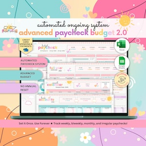 Puede incluir: Una pantalla de portátil muestra una hoja de cálculo de presupuesto con el texto "advanced paycheck budget 2.0". La interfaz incluye secciones para gastos con tarjeta de crédito, nóminas automatizadas y presupuestos avanzados. El fondo está decorado con corazones y flores.