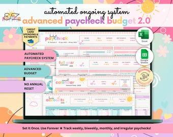 May include: A digital spreadsheet interface for an automated ongoing system advanced paycheck budget 2.0, featuring tabs for full year overview 2026, smart calendar transactions 2025, and bank accounts 2026, compatible with Excel and Google Sheets.