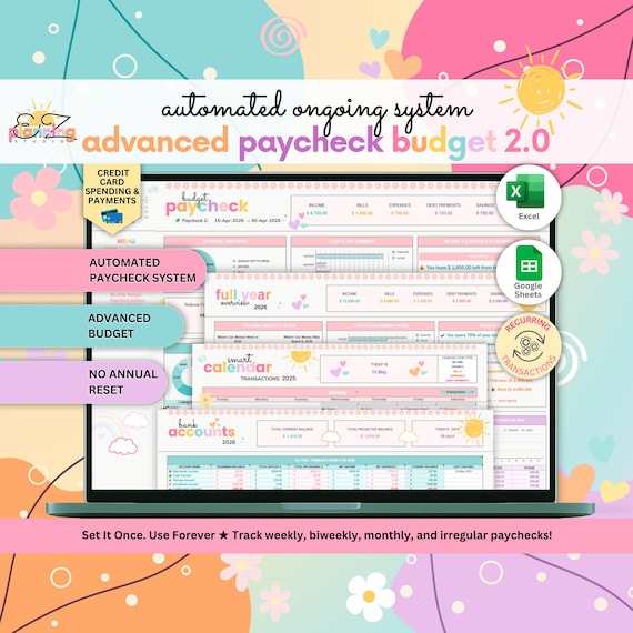 Advanced Paycheck Budget Spreadsheet • Google Sheets & Excel Template • Automated Ongoing Income and Expense Tracker with Bill Calendar
