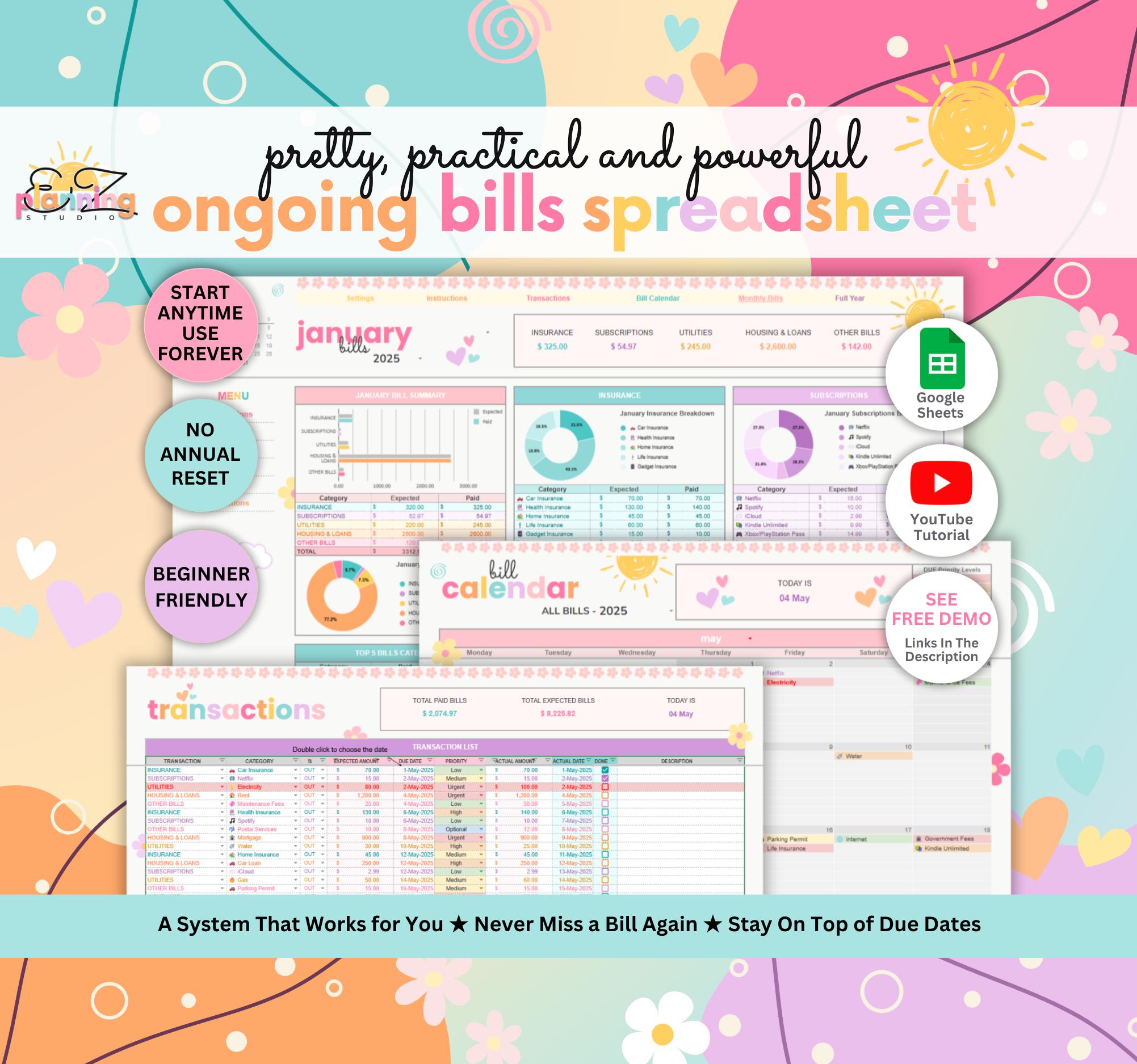 Ongoing Monthly Bill Spreadsheet • Colorful Budget Tracker for Google Sheets • No Annual Reset • Beginner & ADHD Friendly Financial Planner