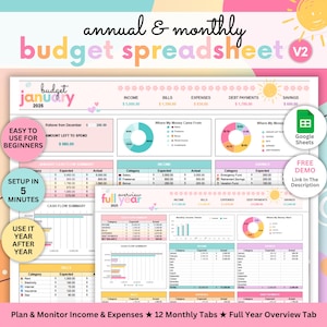 May include: A digital annual and monthly budget spreadsheet for 2025 featuring colorful charts, tables for income, bills, expenses, debt payments, and savings. The layout includes a January budget tab and a full year overview tab with pastel accents.