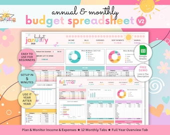 May include: A digital annual and monthly budget spreadsheet for 2025 featuring colourful charts, tables for income, bills, expenses, debt payments, and savings. The layout includes a January budget tab and a full year overview tab with pastel accents.