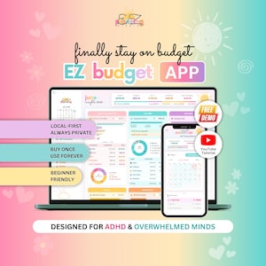 EZ Budget App for ADHD • Track Income, Savings, Bills, Expenses and Debt Payments • Desktop & Mobile Budget Planner