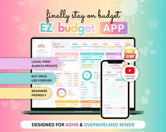 EZ Budget App for ADHD • Track Income, Savings, Bills, Expenses and Debt Payments • Desktop & Mobile Budget Planner