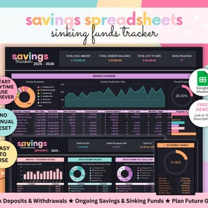 Sinking Funds Tracker • Google Sheets Savings Goal Planner • Track Deposits & Withdrawals • Easy Budget Dark Mode Template for Beginners