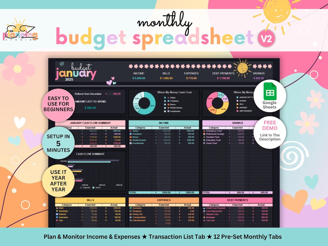 Monthly Budget Spreadsheet • Google Sheets Finance Template • Easy ...