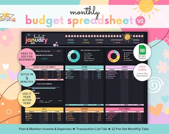 May include: A digital monthly budget spreadsheet for 2025 with a dark theme, featuring colourful charts, income, bills, expenses, debt payments, and savings trackers. The layout includes sections for January cash flow, income, and savings categories.