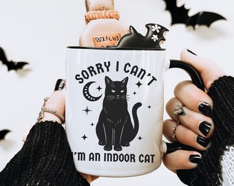 Sorry I Can't I'm an Indoor Cat Coffee Mug, Homebody Cat Mom Mug, Goth Black Cat Lover Gift, Introvert Ceramic Coffee Cup Fall Kitty Tea Mug