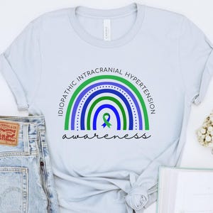 Idiopathic Intracranial Hypertension Awareness Tee | Boho Rainbow IIH Shirt | Pseudotumor Cerebri Blue Green Ribbon Tshirt, IIH Warrior Gift