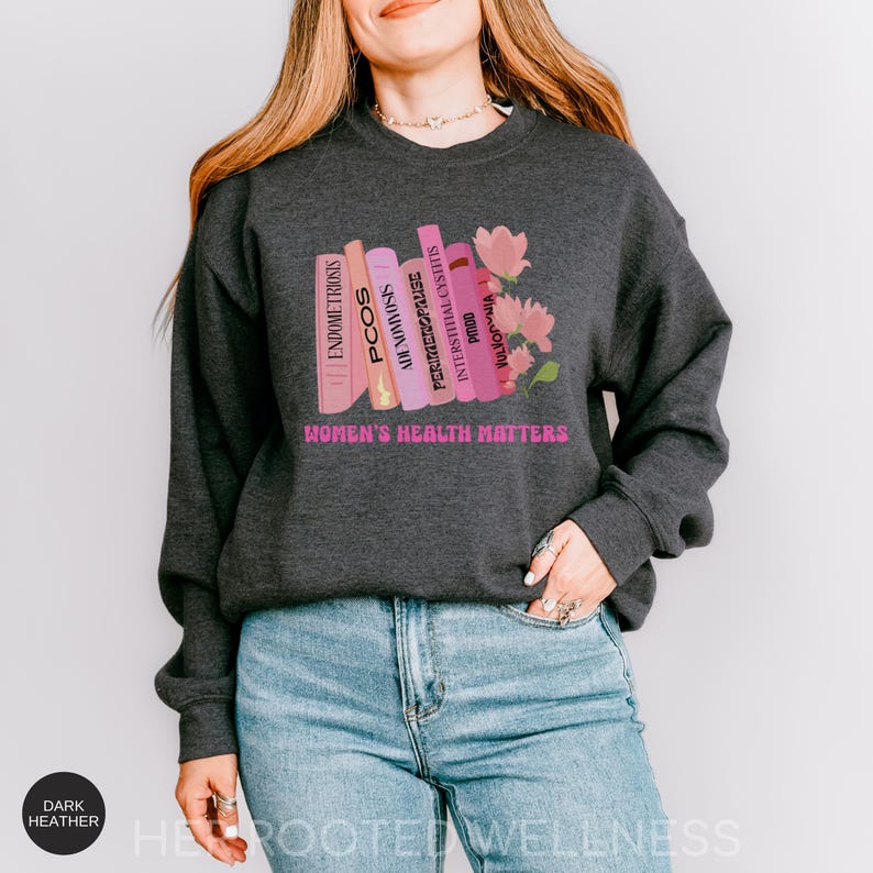 Women's Health Matters Sweatshirt | Endo Adeno PMDD PCOS Awareness Sweater, Obgyn WHNP Advocacy Jumper, Womens Repro Rights Advocate Gift Dark Heather