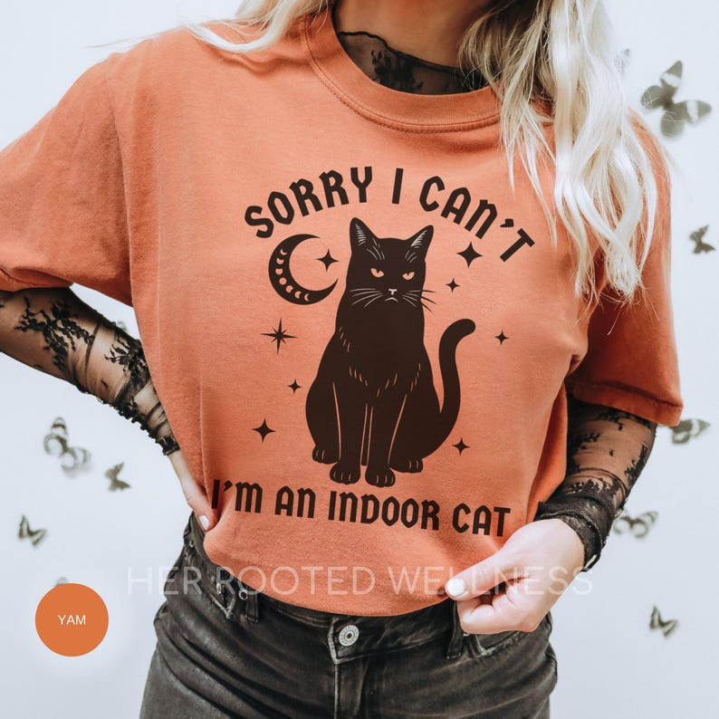 Sorry I Can't I'm an Indoor Cat Shirt | Gothic Black Cat Comfort Colors Tshirt, Introvert Kitty Lover Gift, Intoverted Homebody Cat Mom Tee Yam