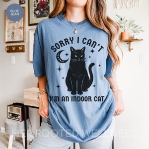 Sorry I Can't I'm an Indoor Cat Shirt | Gothic Black Cat Comfort Colors Tshirt, Introvert Kitty Lover Gift, Intoverted Homebody Cat Mom Tee Blue Jean