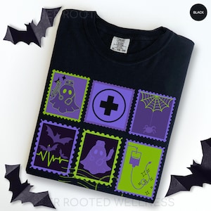 Retro Nurse Halloween Stamp Tee, Comforter Colors Healthcare Worker Spooky Season Shirt, Gift for RN LPN NP, Fall Neon Medical Ghost Tshirt
