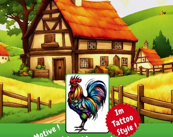 May include: A colouring book cover titled "Kreative Fluchten" by Marie-Thérèse Herreman. The cover shows a rooster in a tattoo style illustration, a rural landscape, and the text "Malbuch zum Entspannen und Kreativsein". The book is for ages 8 and up.