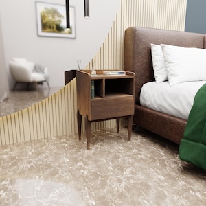 Mesita de noche de madera de roble, mesita de noche con cajón, estante de noche de madera, mesita de noche estética, mesita de noche de roble, mesita de noche,