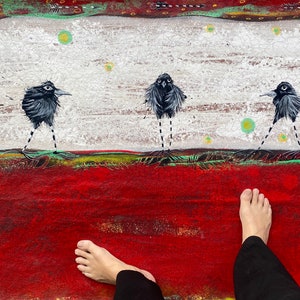 Ravens Floor Coverings Boho Wall Art Vintage Oilcloth Black Bird Art Floorcloth Washable Kitchen Rug Hallway Runner Hand Painted Custom Rugs