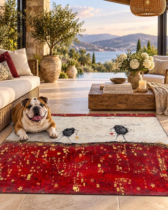 Hand-Painted Ravens Floorcloth Rug: Red Abstract Crow Bird Art, Washable Durable Canvas Mat