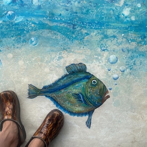 Hand-Painted Fish Floorcloth: Abstract Ocean Art, Beach Boho Decor