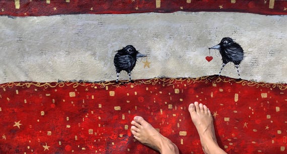 Hand-Painted Ravens Floorcloth Rug: Red Abstract Crow Bird Art, Washable Durable Canvas Mat