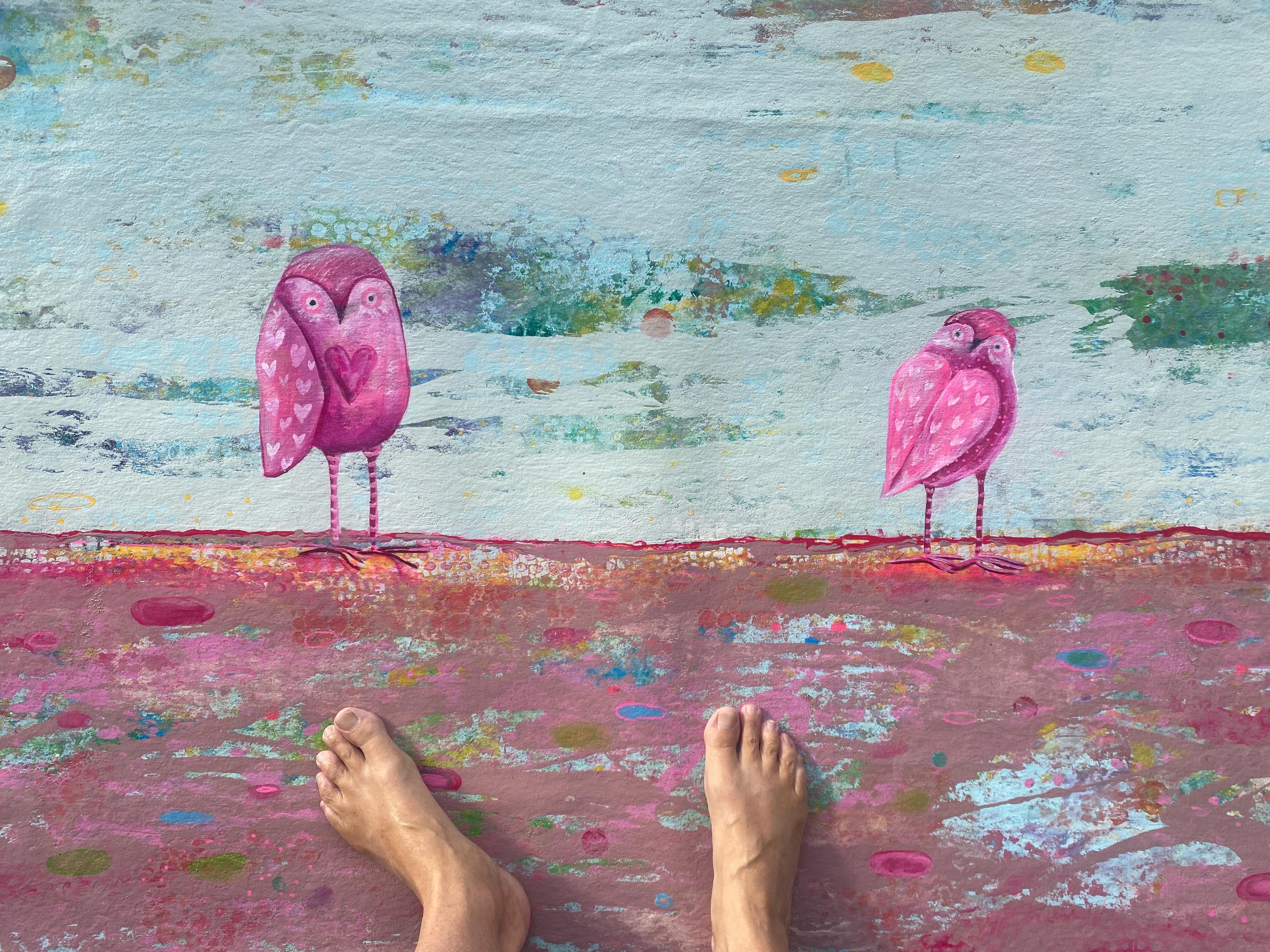 Hand-Painted Abstract Floorcloth: Owl Pink, Blue, Green - Waterproof Canvas Art