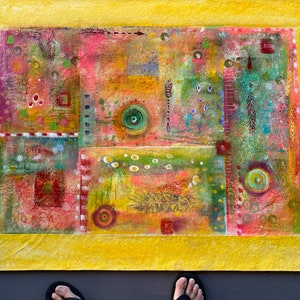 Yellow Abstract Custom Rug Hand Painted Oil Cloth Custom Abstract Art Oilcloth Area Rug Durable Kitchen Floor Coverings Washable Vintage Rug