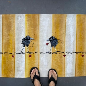 Raven Floorcloth Black Bird Wall Art Yellow Abstract Trendy Rug Durable Entryway Mat Washable Kitchen Floor Cloth Handpainted Canvas Carpets