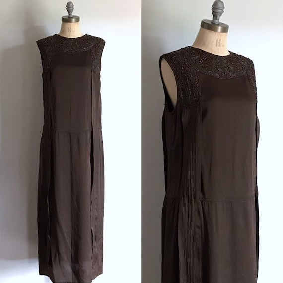 20s Dress . Beaded Brown Silk Flapper . 20s 1920s
