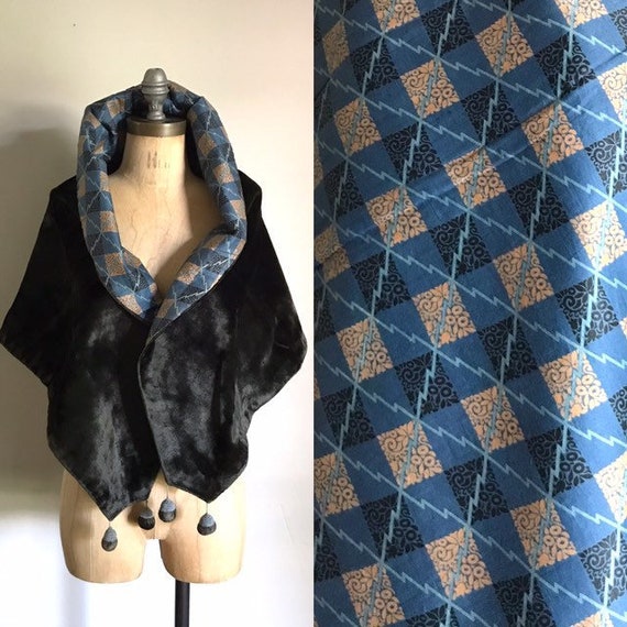 Victorian Antique Shawl Wrap Black Blue Velvet Fur
