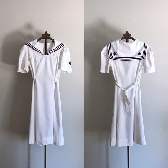 40s Sailor Dress . White Cotton . XS