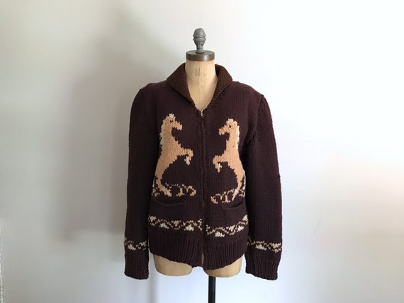 Horse Sweater Brown Knit Winter Zip Up Sweater