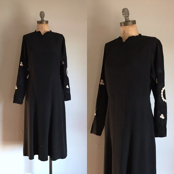 1930s Black Rayon Decorative Sleeve Dress Medium