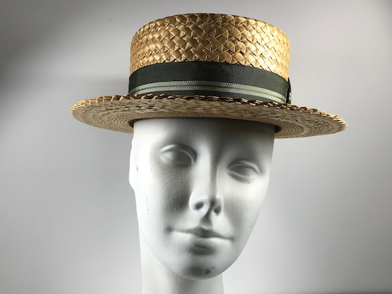 Mens 1920s Straw Boater Hat Green Band