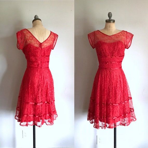 1950's Red Lace Formal Prom Dress