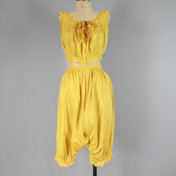 SALE... Edwardian Yellow Cami & Pantaloons Bloomers . Set Outfit . Antique Lace Silk Lingerie . Small