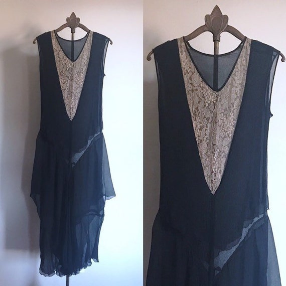 20s Dress Black Lace Flapper Antique XS