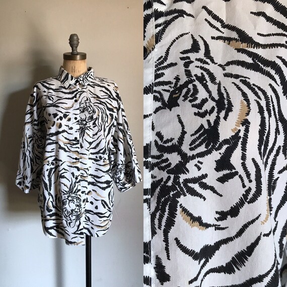 1980s White Tiger Print Shirt