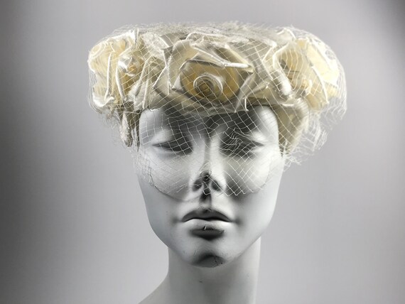 Veiled White Rose Pill Box Hat
