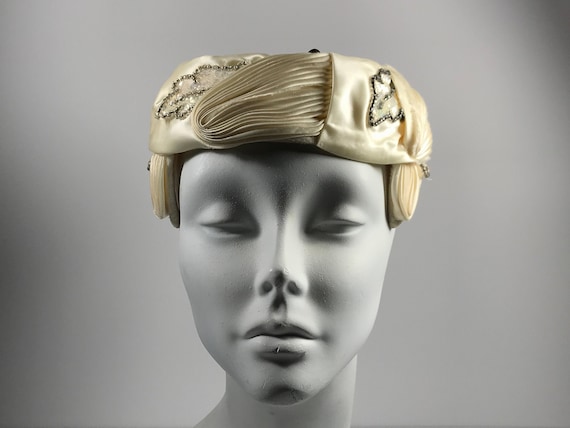 Sequined Ivory White Pill Box Hat
