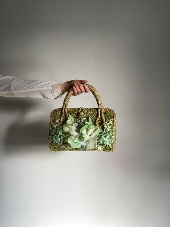 Basket Purse . Green Flower . Handbag