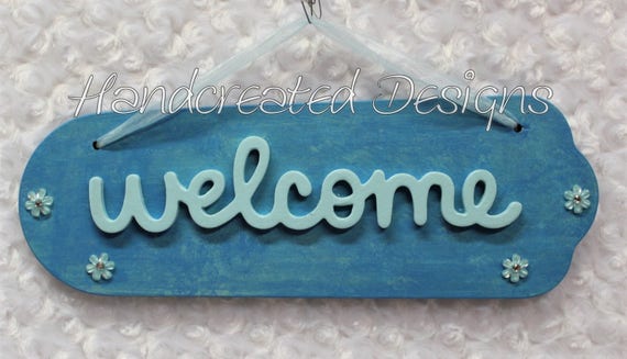 Blue Welcome Wood Sign Recycled Fan Blade Wall Art Upcycled Etsy